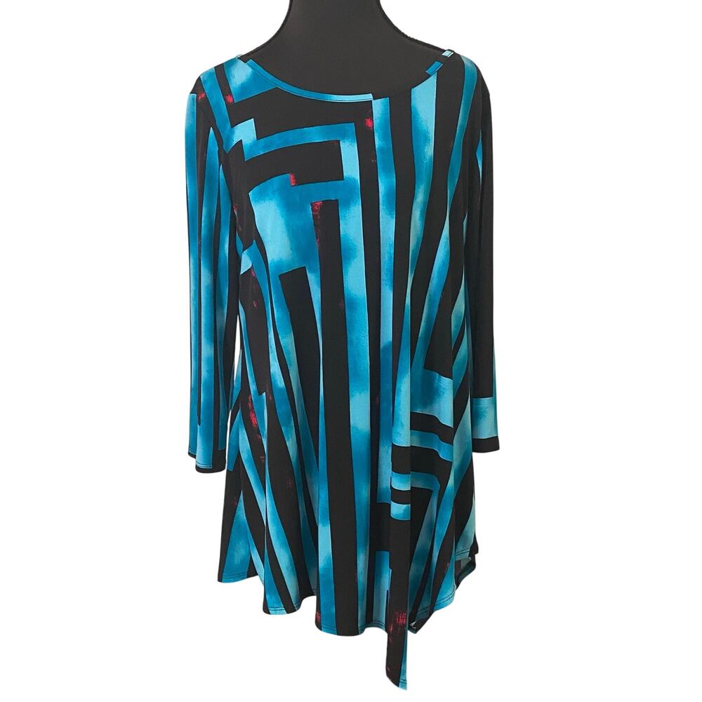 Clara Sunwoo Small Turquoise Black Geometric Asymmetrical Tunic Top 3/4 Sleeve